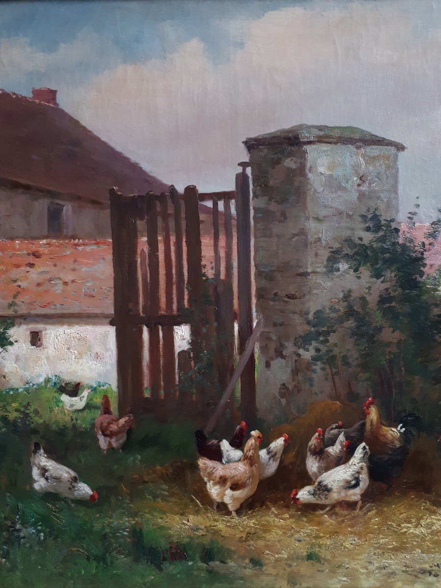 Charles MARECHAL (1865-1931) huile sur toile scène de basse-cour poules-photo-4