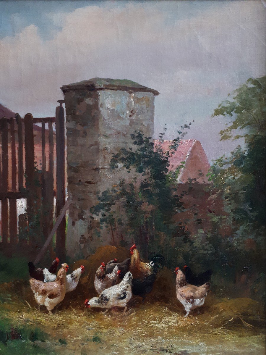 Charles MARECHAL (1865-1931) huile sur toile scène de basse-cour poules-photo-1