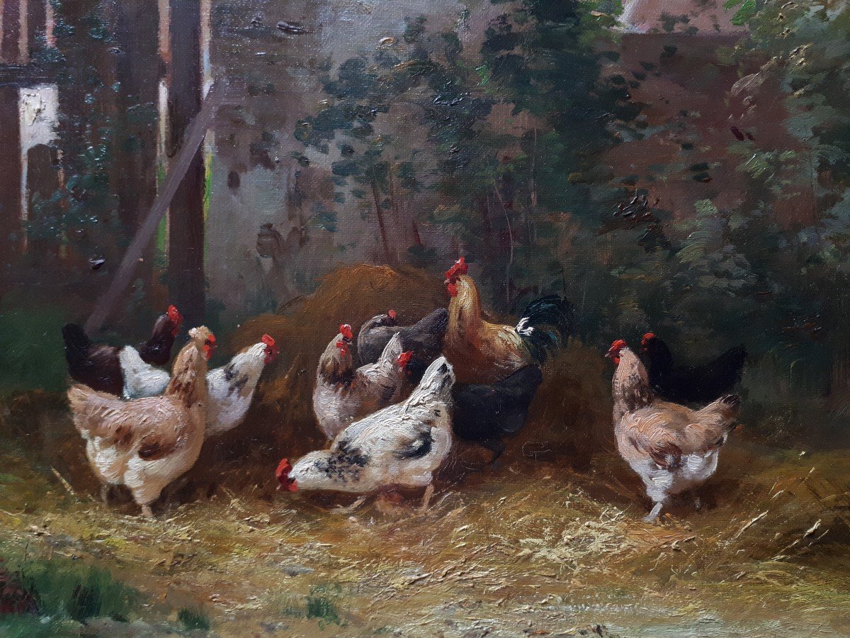 Charles MARECHAL (1865-1931) huile sur toile scène de basse-cour poules-photo-3