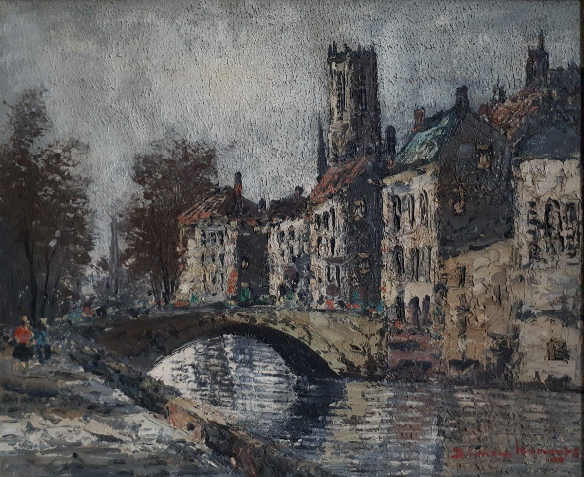 Simon Kramer (1940-2015) View Of Bruges Belgium Oil On Canvas-photo-2