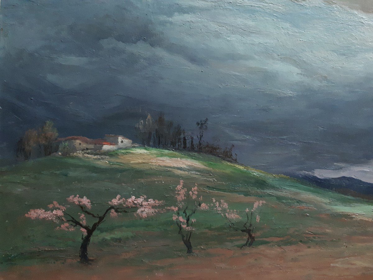 Louise Cottin (1907-1974) Oil On Wood Stormy Landscape-photo-3