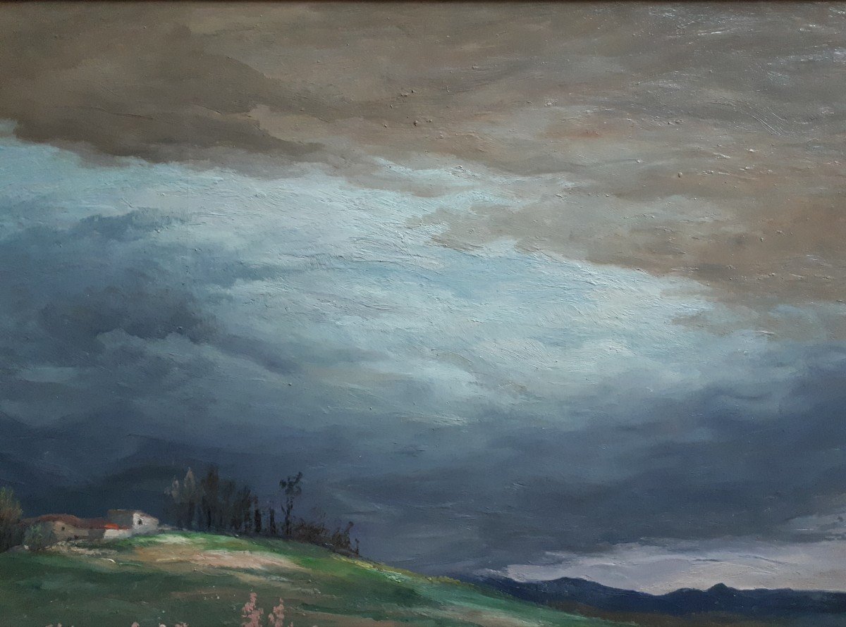 Louise Cottin (1907-1974) Oil On Wood Stormy Landscape-photo-1