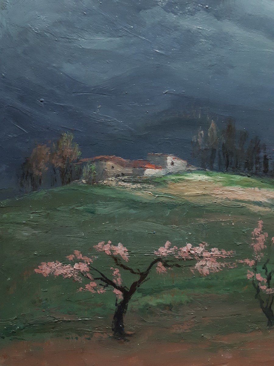 Louise Cottin (1907-1974) Oil On Wood Stormy Landscape-photo-2