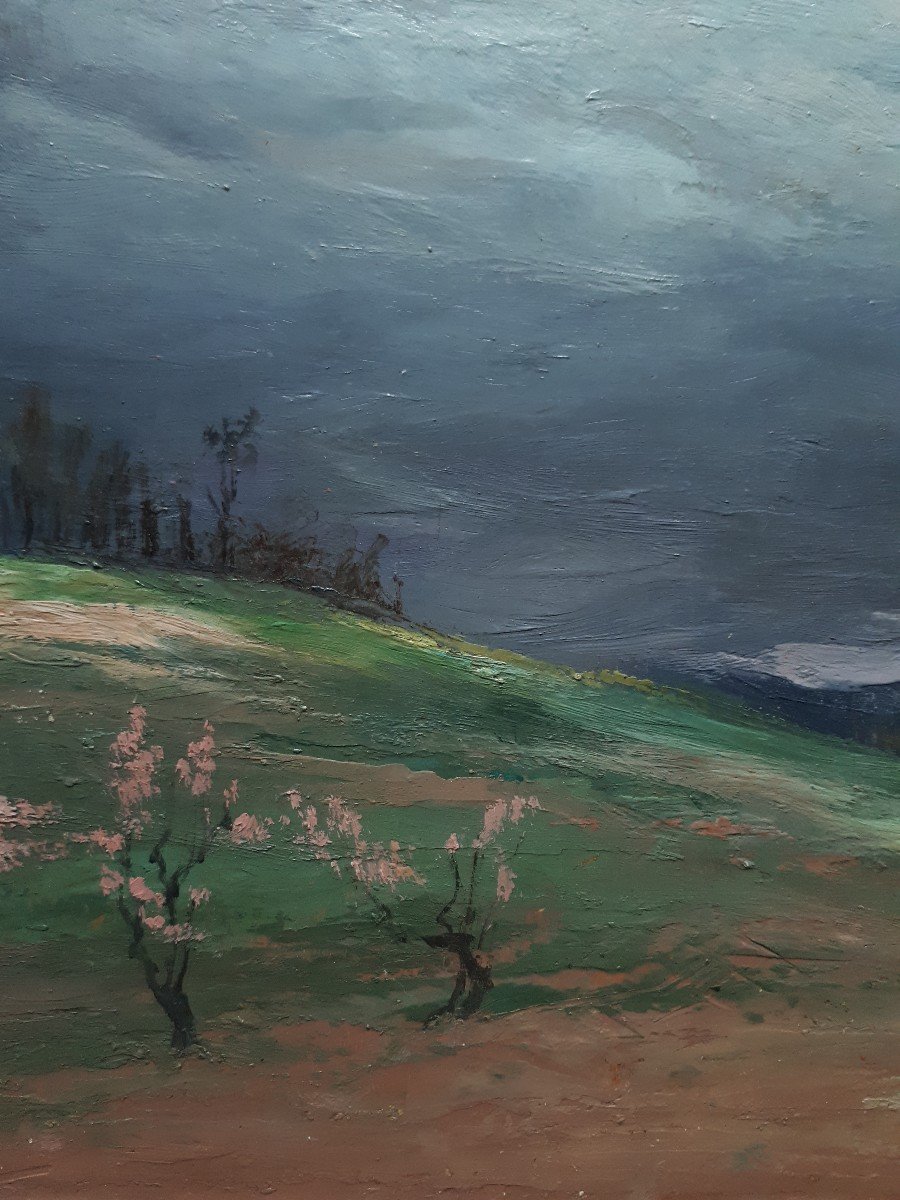 Louise Cottin (1907-1974) Oil On Wood Stormy Landscape-photo-3