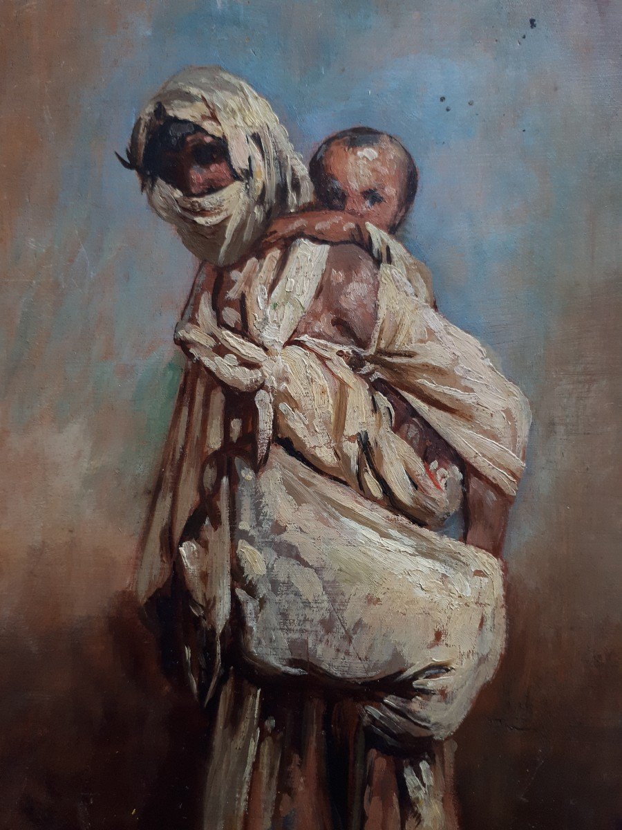 Louis Guy (1824-1888) Oil On Wood Orientalist Scene Mother And Her Child 19th-photo-2