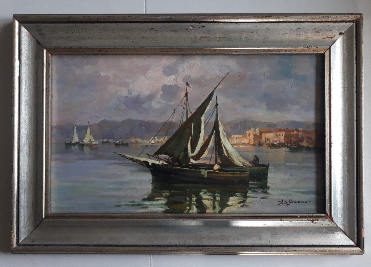 Leon Giuseppe Buono (1887-1975) Oil On Wood Marine Italy Naples-photo-2