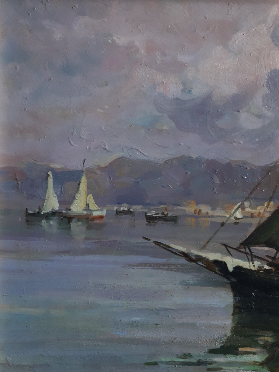 Leon Giuseppe Buono (1887-1975) Oil On Wood Marine Italy Naples-photo-3