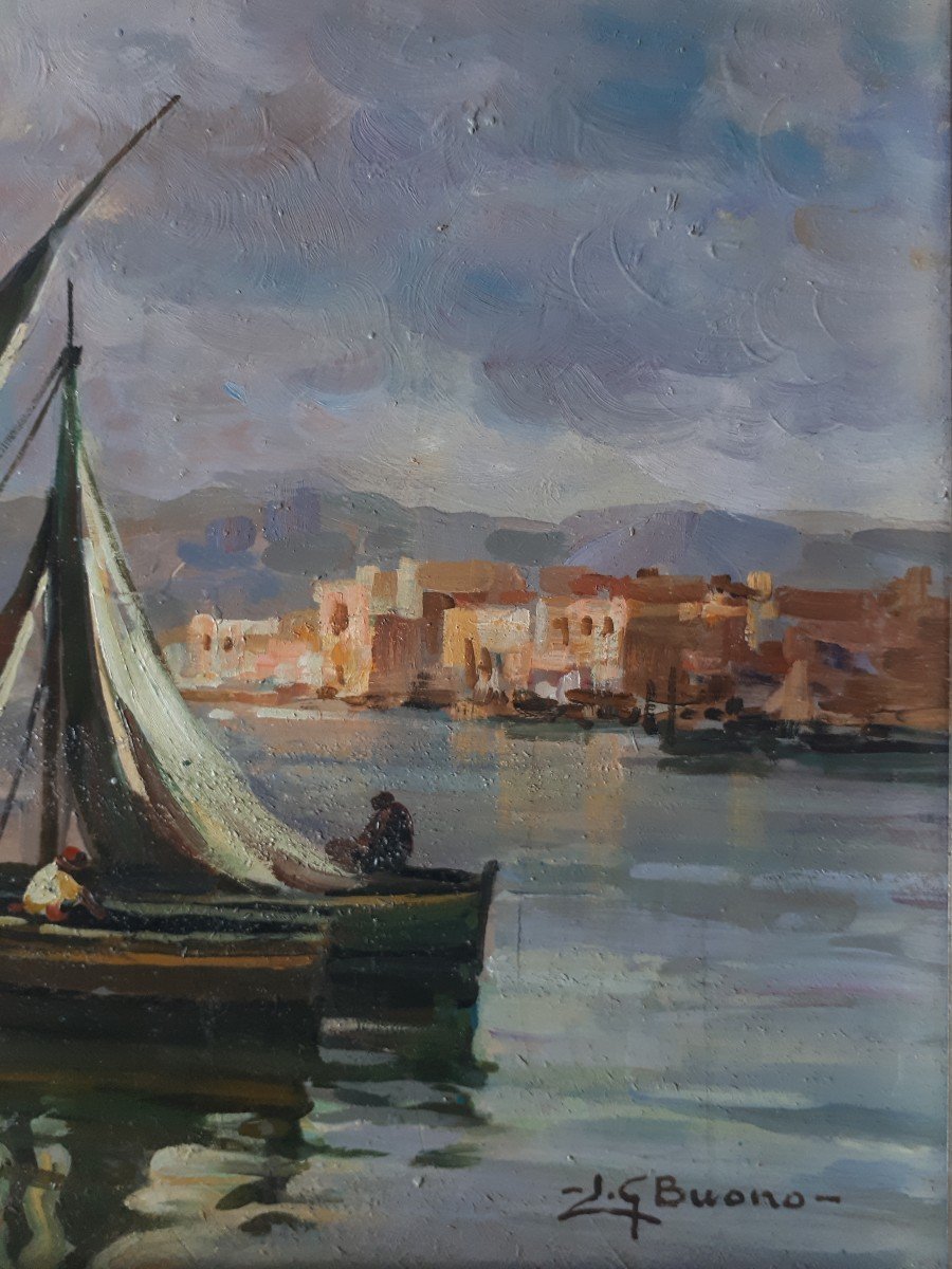 Leon Giuseppe Buono (1887-1975) Oil On Wood Marine Italy Naples-photo-1