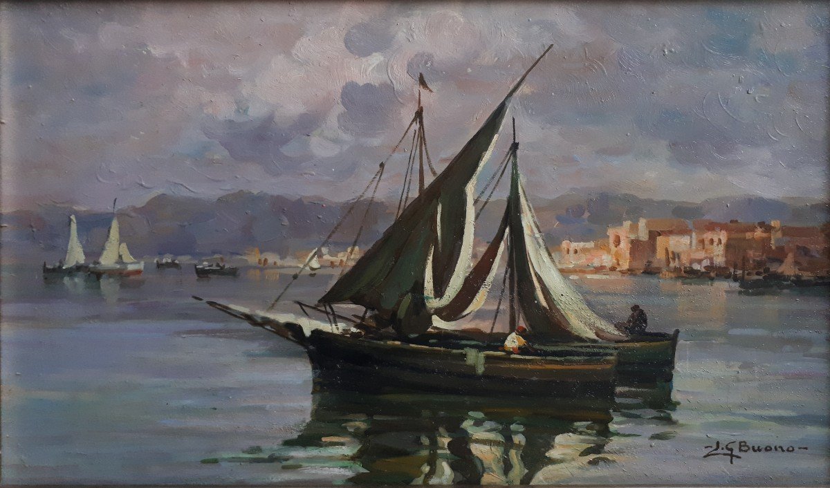 Leon Giuseppe Buono (1887-1975) Oil On Wood Marine Italy Naples