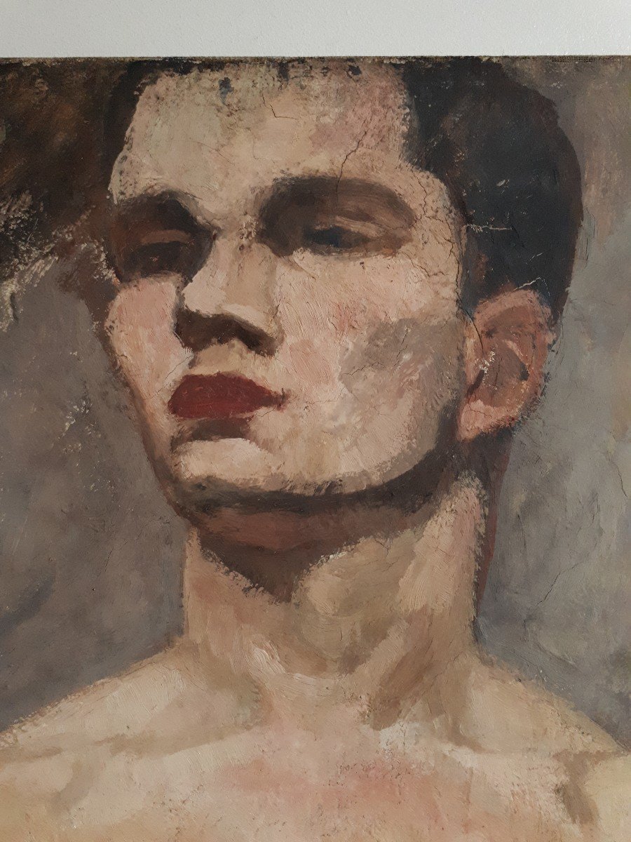 Oil On Canvas Male Nude Portrait Naked Man Late 19th Century-photo-2