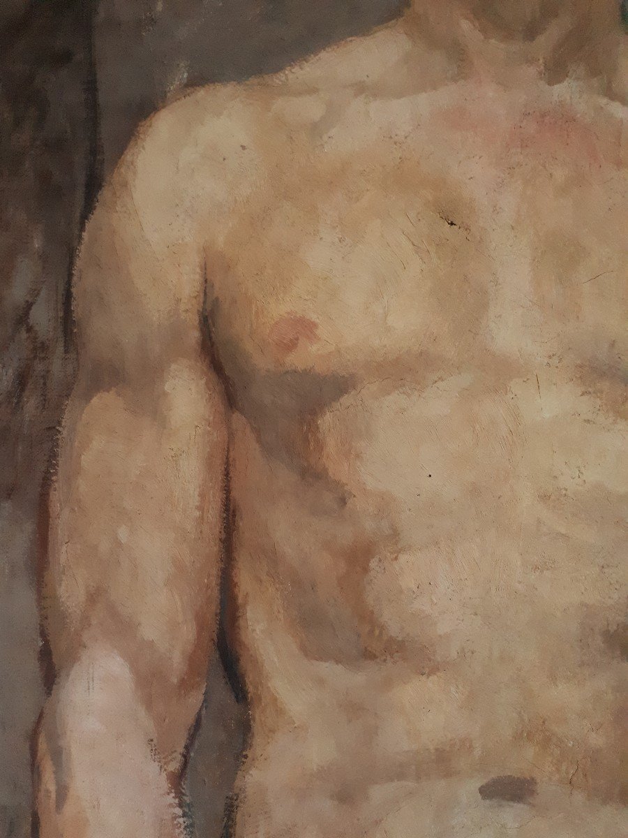 Oil On Canvas Male Nude Portrait Naked Man Late 19th Century-photo-3