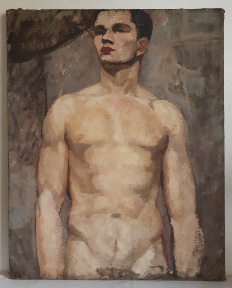 Oil On Canvas Male Nude Portrait Naked Man Late 19th Century