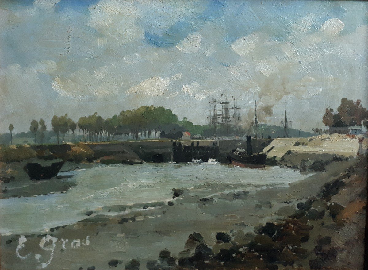 Huile sur panneau paysage marin port E. Gras première moitié 20ème