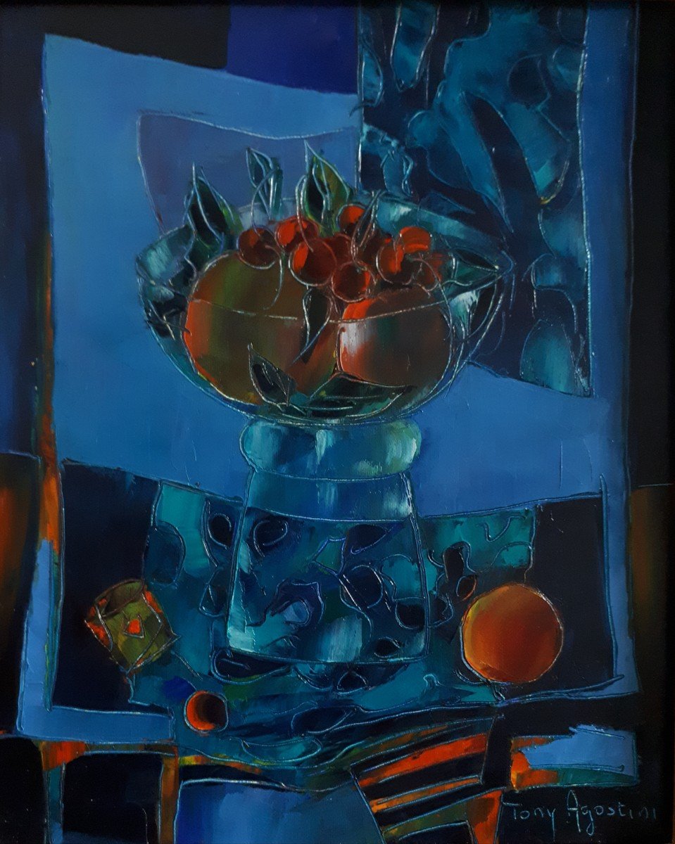 Tony Agostini (1916-1990) Oil On Canvas Still Life With Fruits-photo-2