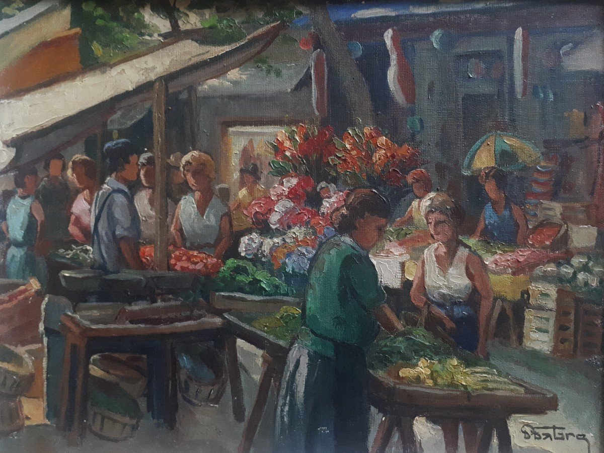 Pierre Fabre (toulon) Market Scene Oil On Panel