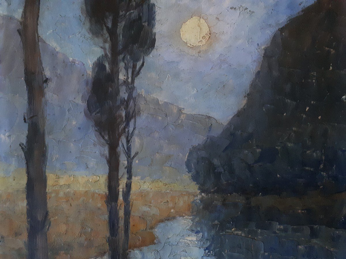 Dieudonné Jacobs (1887-1967) Lake Landscape At Dusk Impressionism Oil On Wood-photo-4