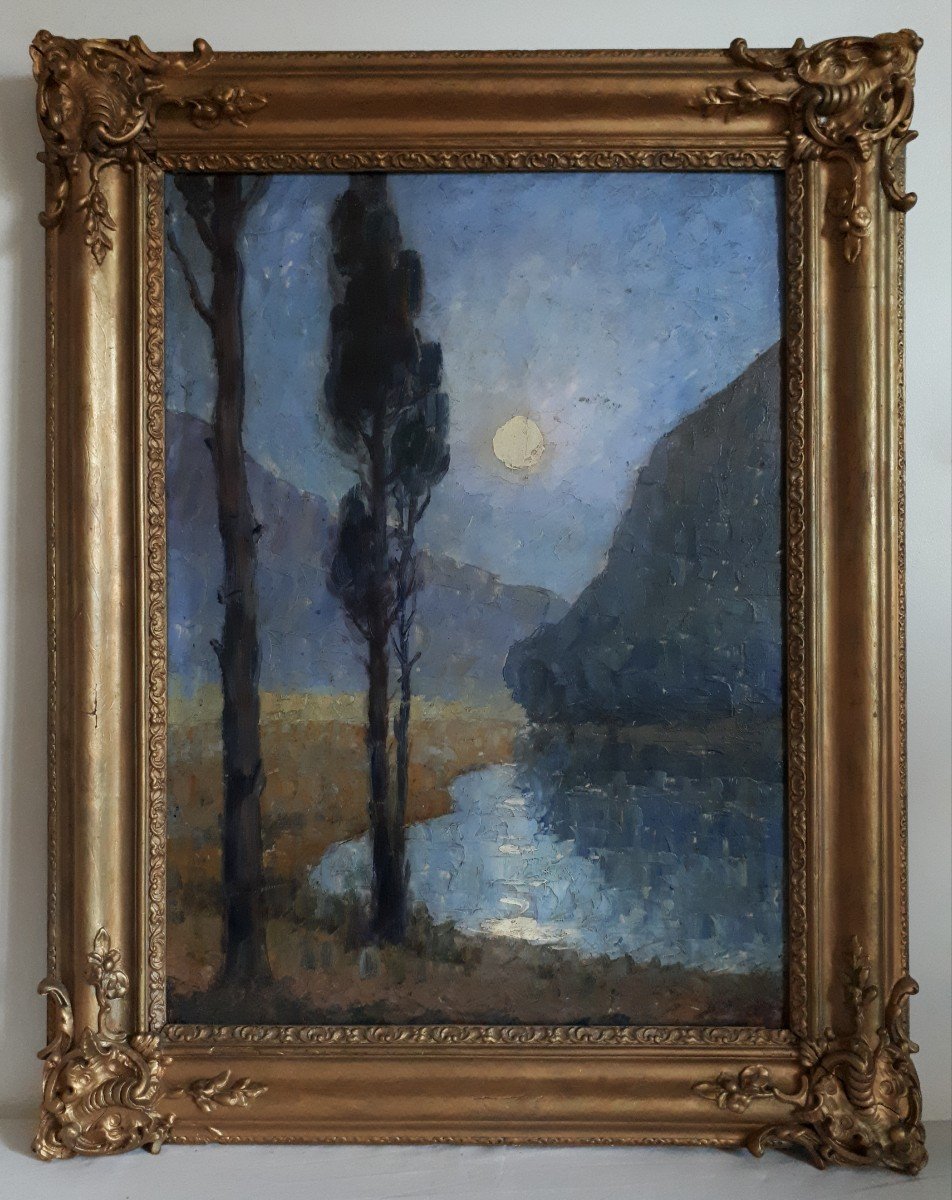 Dieudonné Jacobs (1887-1967) Lake Landscape At Dusk Impressionism Oil On Wood