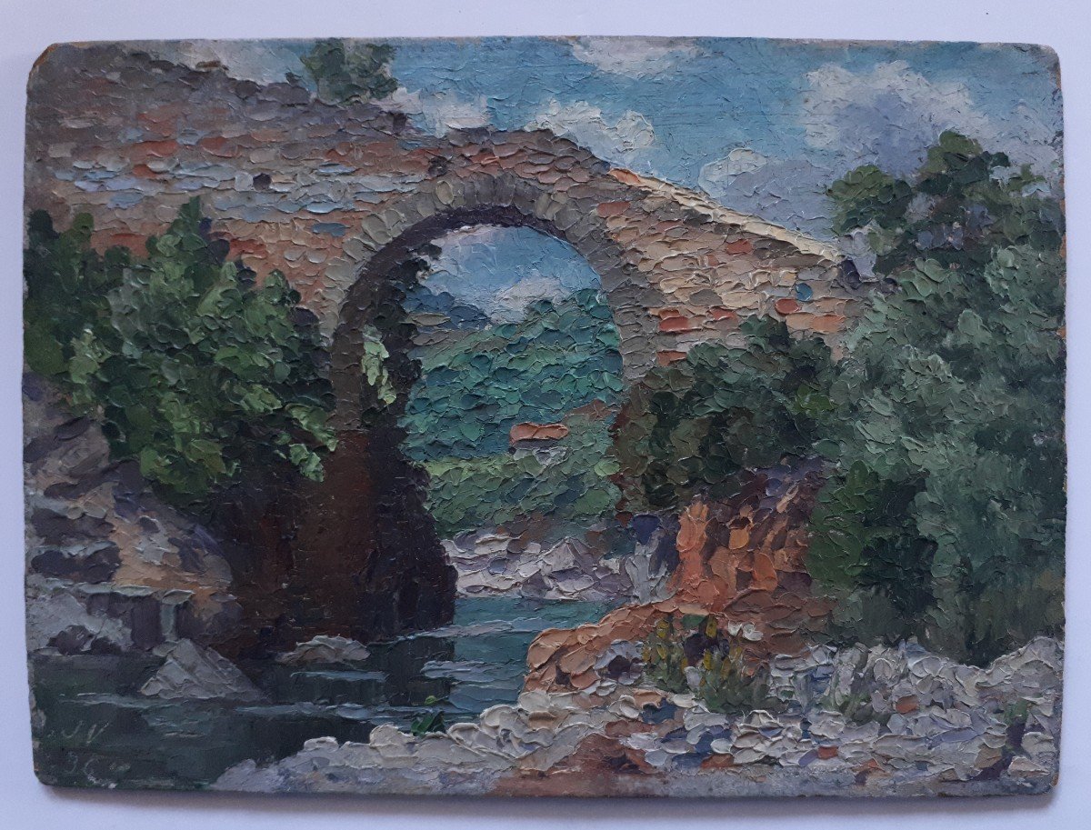 The Devil's Bridge At Thueyts Ardèche Oil On Panel J. Vermette 1936-photo-2