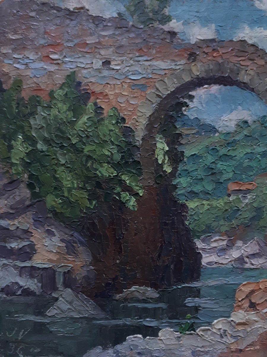 The Devil's Bridge At Thueyts Ardèche Oil On Panel J. Vermette 1936-photo-3