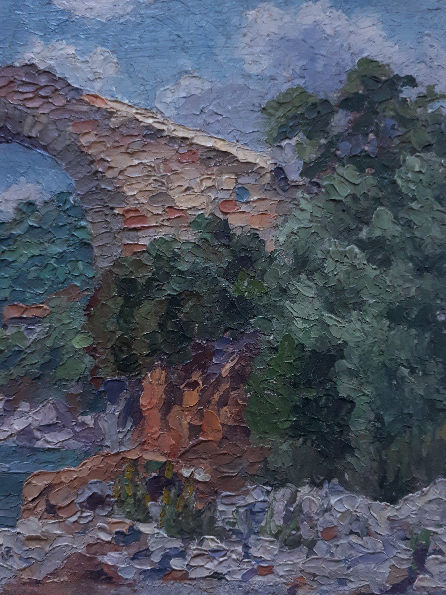 The Devil's Bridge At Thueyts Ardèche Oil On Panel J. Vermette 1936-photo-1