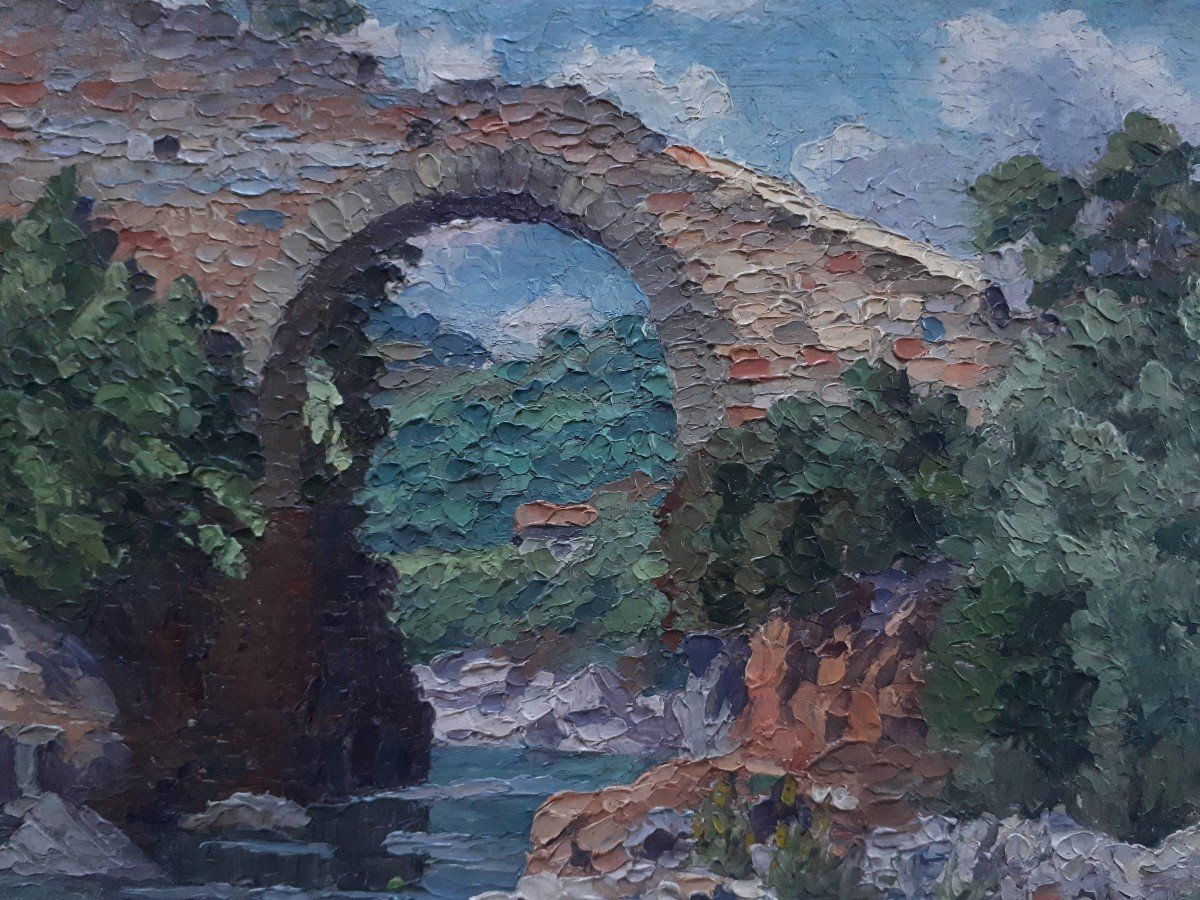 The Devil's Bridge At Thueyts Ardèche Oil On Panel J. Vermette 1936