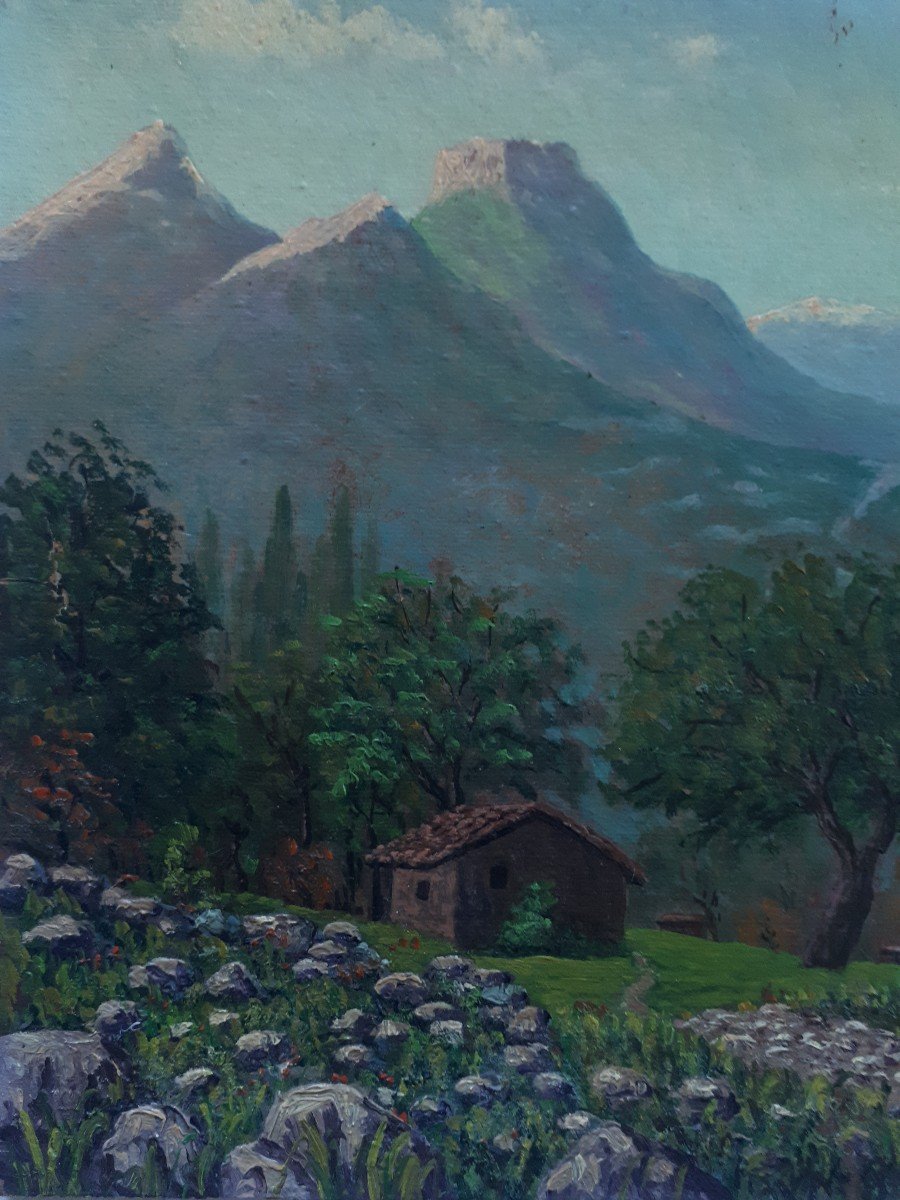 Charles CORNUD (1909-1975) La chaine des Alpes de Grenoble au Mont Blanc huile sur panneau -photo-2