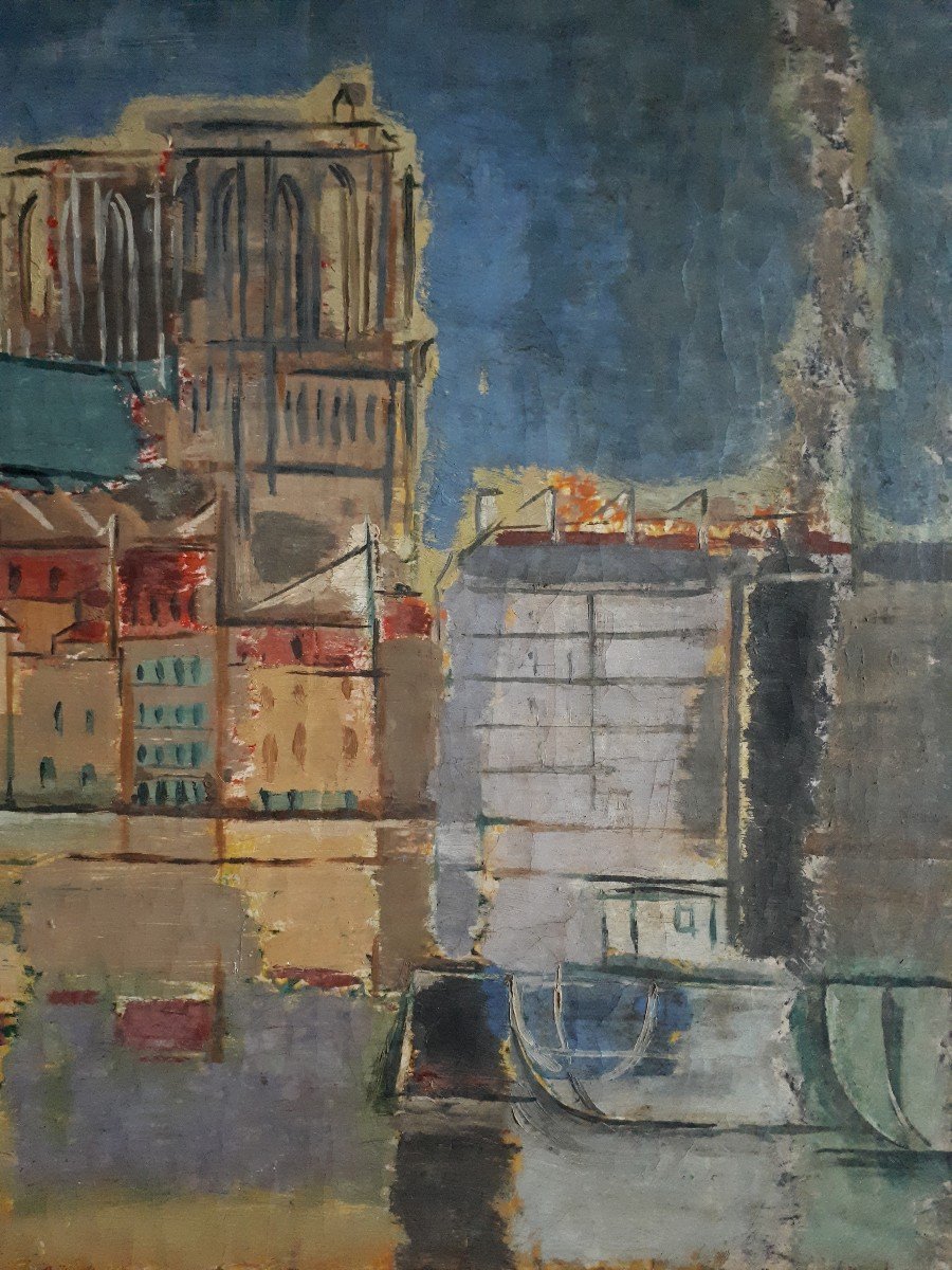 Francis Cox (1916-1992) Oil On Canvas Notre-dame Of Paris Cathedral 1953-photo-1