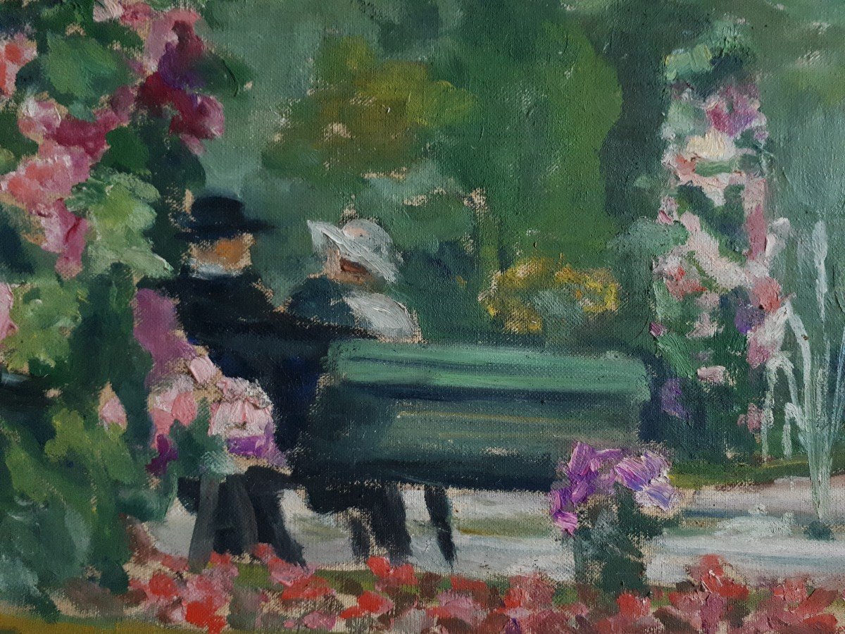 Oil On Canvas Animated Scene In A Public Garden-photo-3