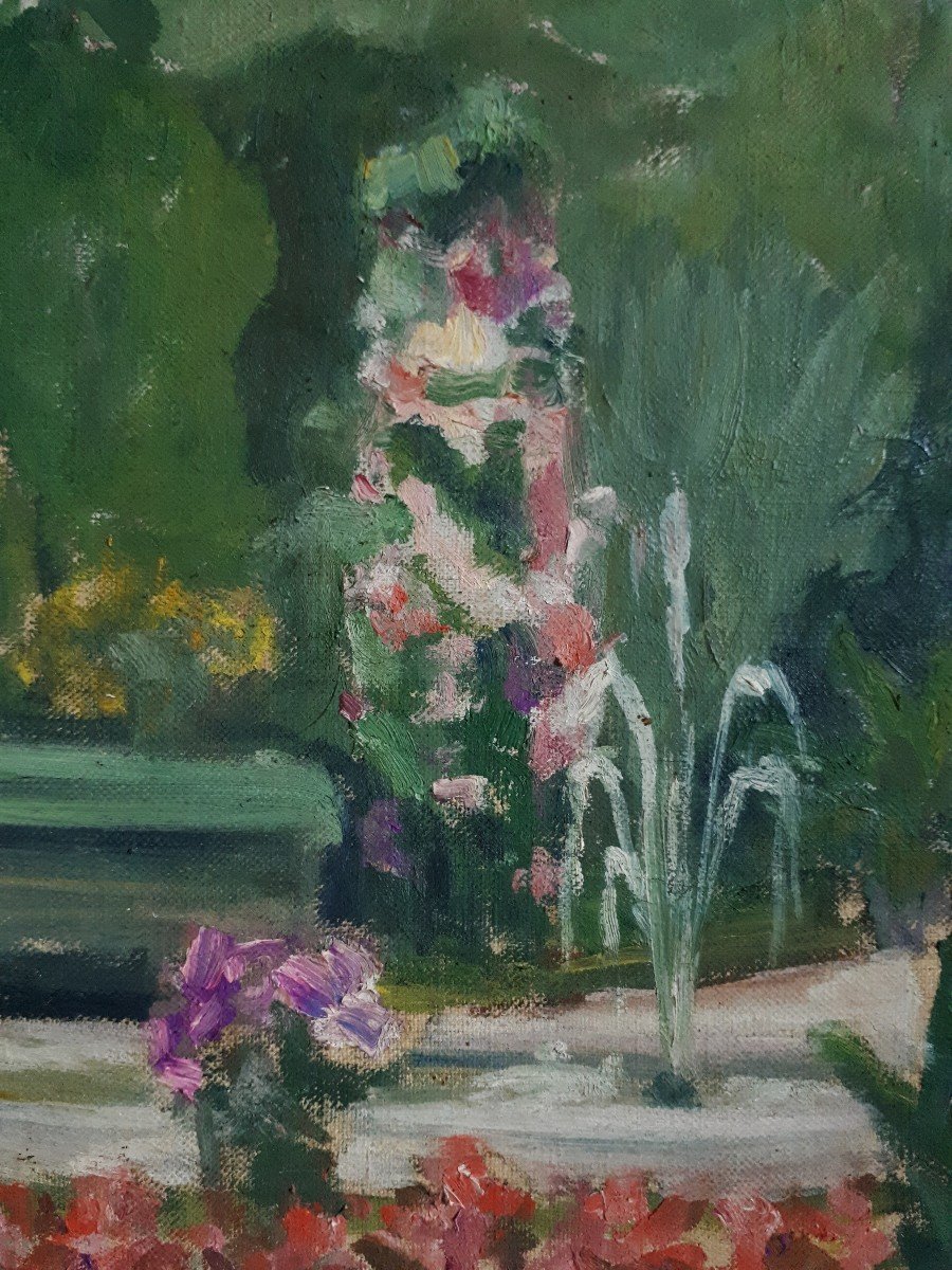 Oil On Canvas Animated Scene In A Public Garden-photo-3