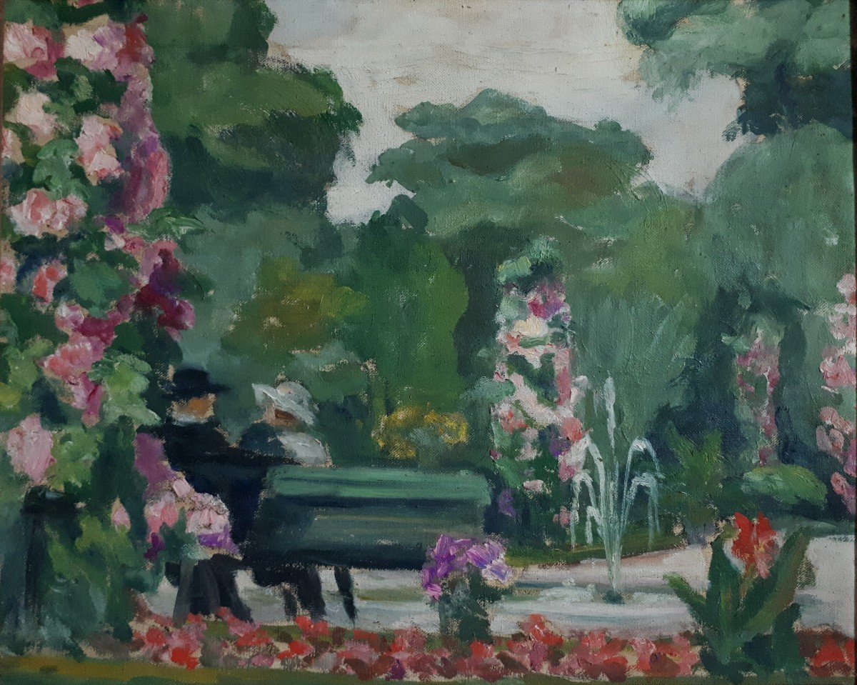 Oil On Canvas Animated Scene In A Public Garden