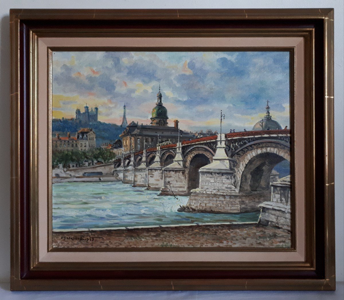 Nicolas SAFRONOFF (né en 1898) vue de Lyon pont de la Guillotière Fourvière huile sur toile-photo-2