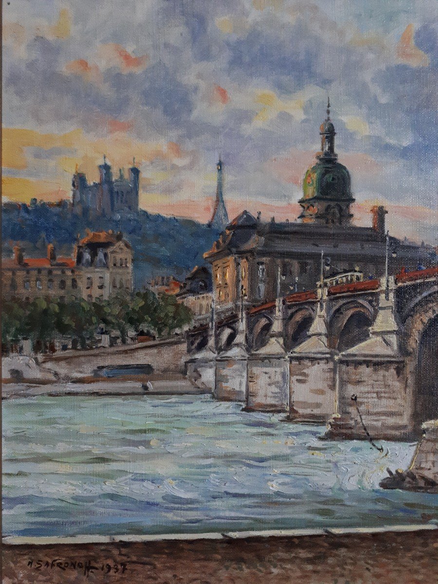 Nicolas SAFRONOFF (né en 1898) vue de Lyon pont de la Guillotière Fourvière huile sur toile-photo-3