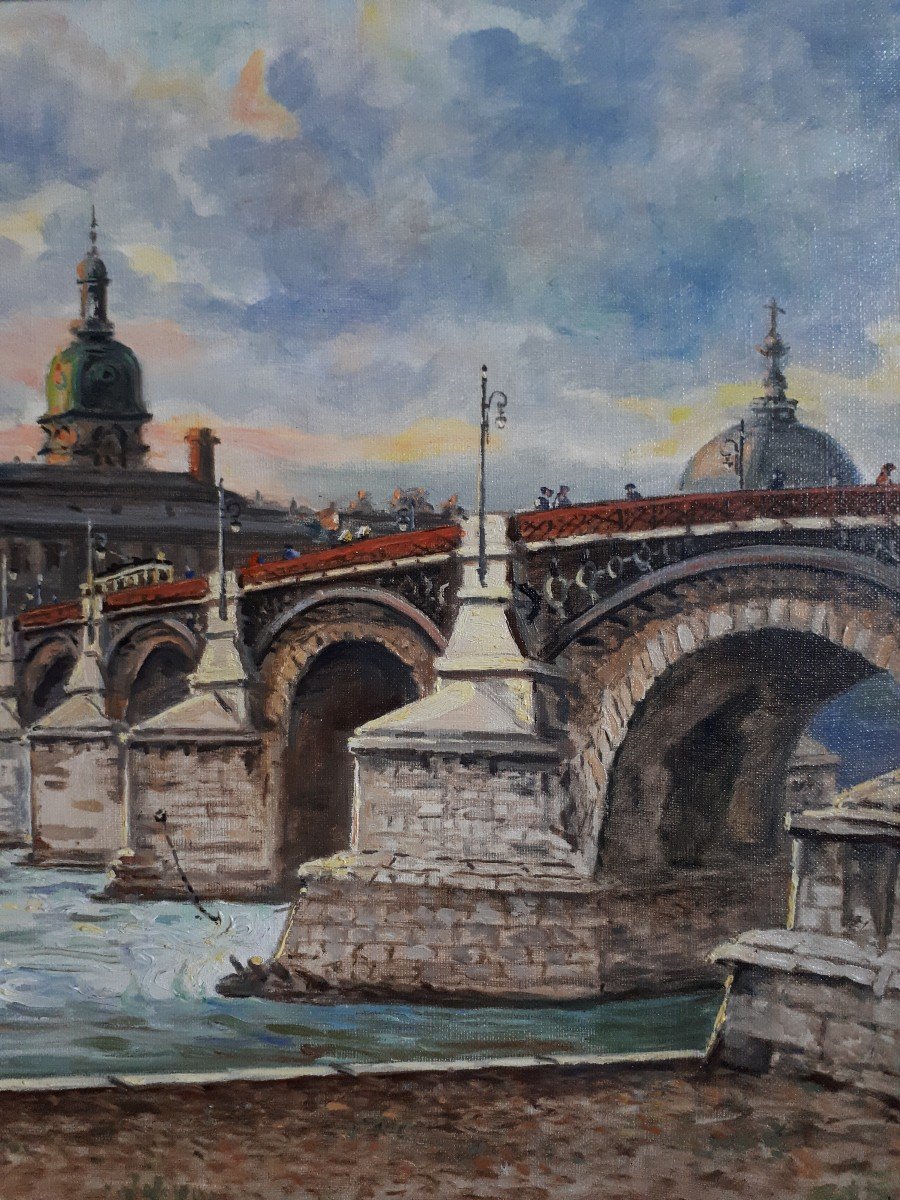 Nicolas SAFRONOFF (né en 1898) vue de Lyon pont de la Guillotière Fourvière huile sur toile-photo-4