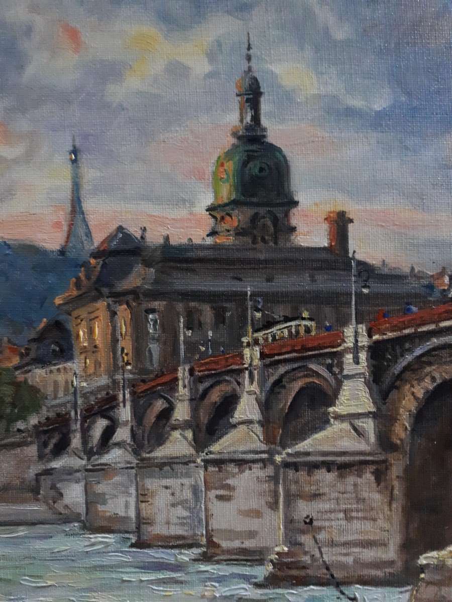 Nicolas SAFRONOFF (né en 1898) vue de Lyon pont de la Guillotière Fourvière huile sur toile-photo-2