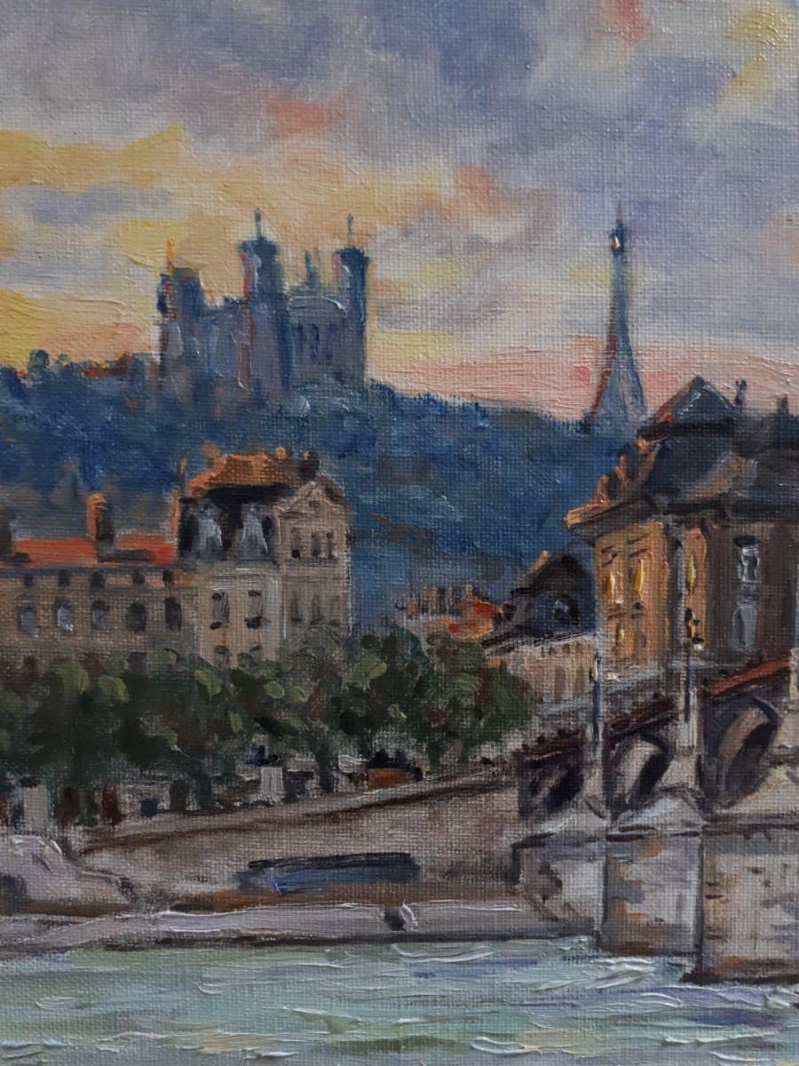 Nicolas SAFRONOFF (né en 1898) vue de Lyon pont de la Guillotière Fourvière huile sur toile-photo-1