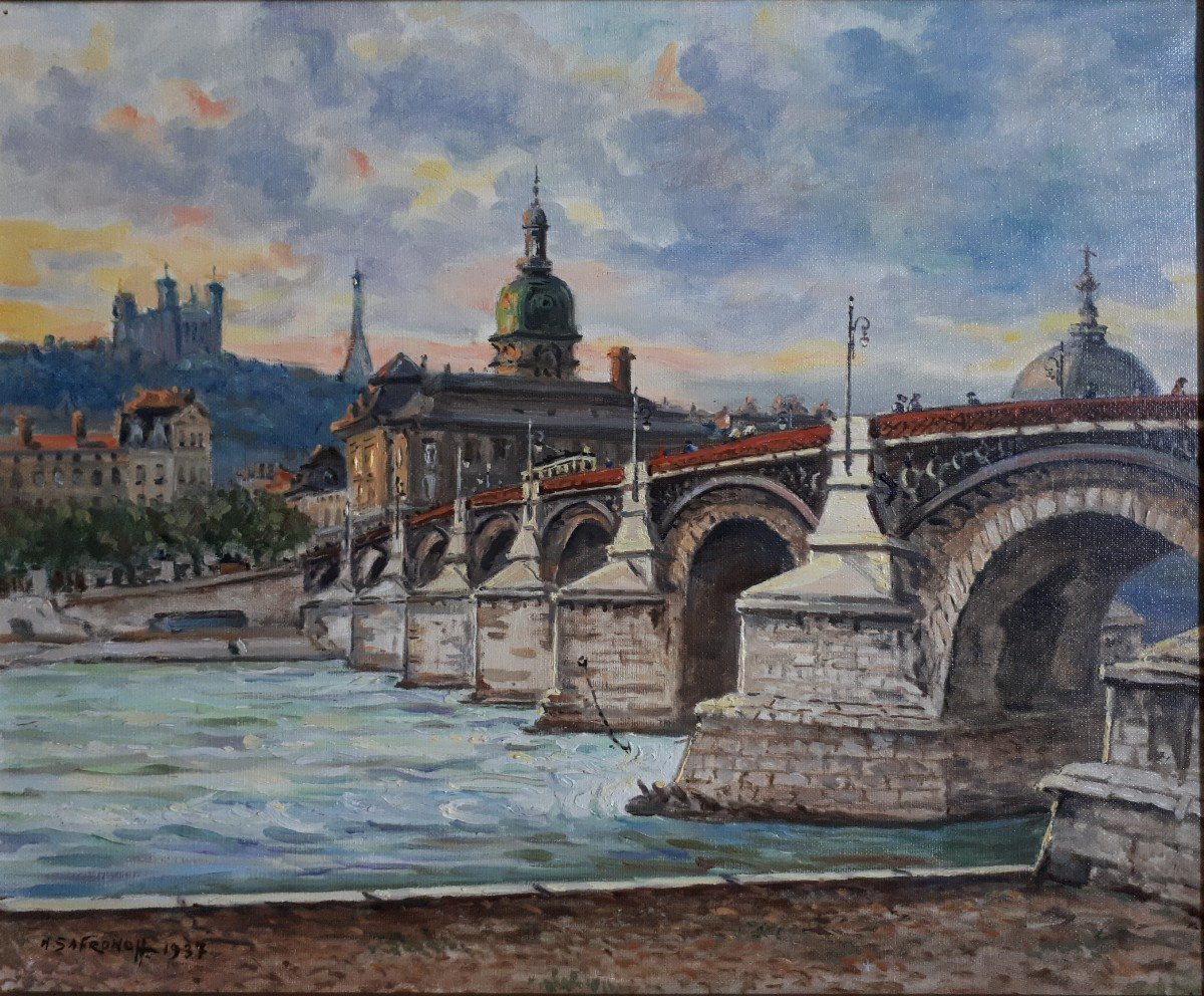 Nicolas SAFRONOFF (né en 1898) vue de Lyon pont de la Guillotière Fourvière huile sur toile