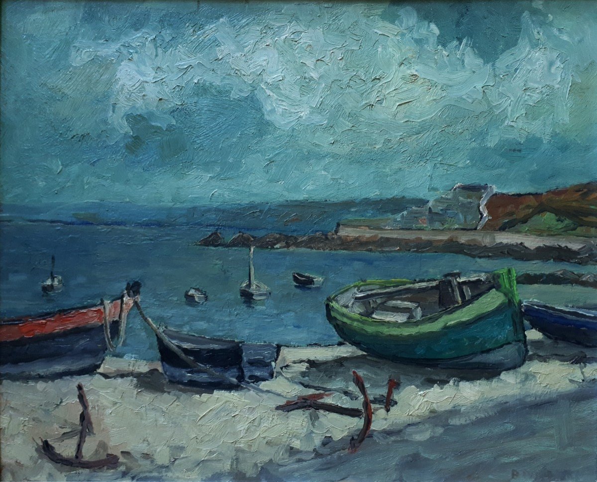 Painting Oil On Panel Marine Boats At Low Tide-photo-2