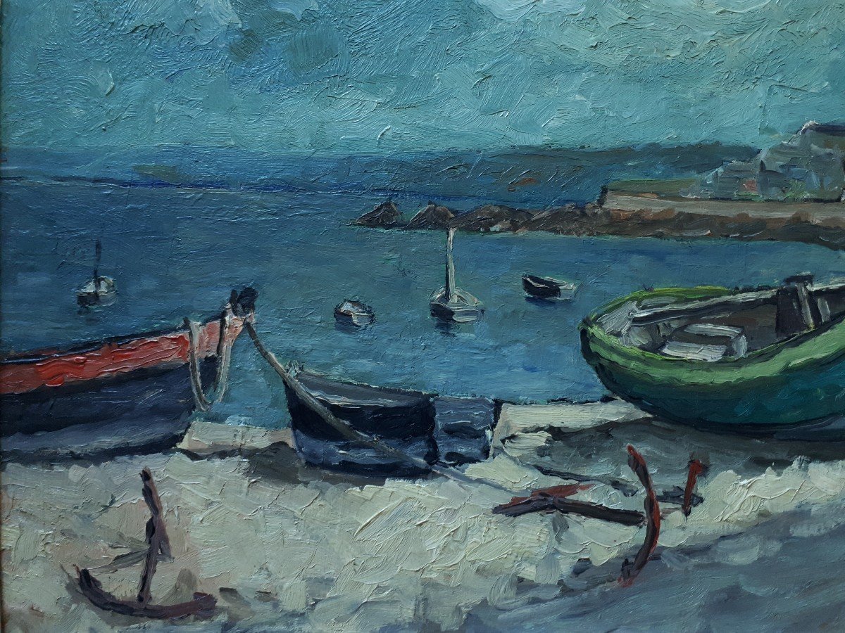 Painting Oil On Panel Marine Boats At Low Tide-photo-3