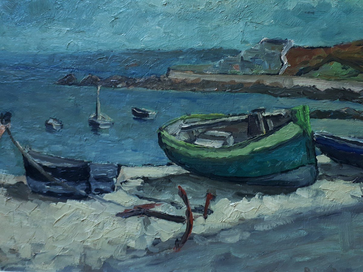 Painting Oil On Panel Marine Boats At Low Tide-photo-4