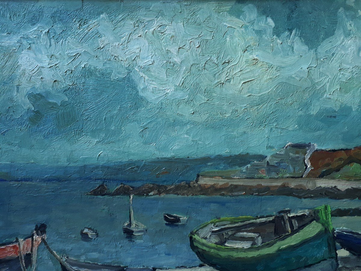 Painting Oil On Panel Marine Boats At Low Tide-photo-1