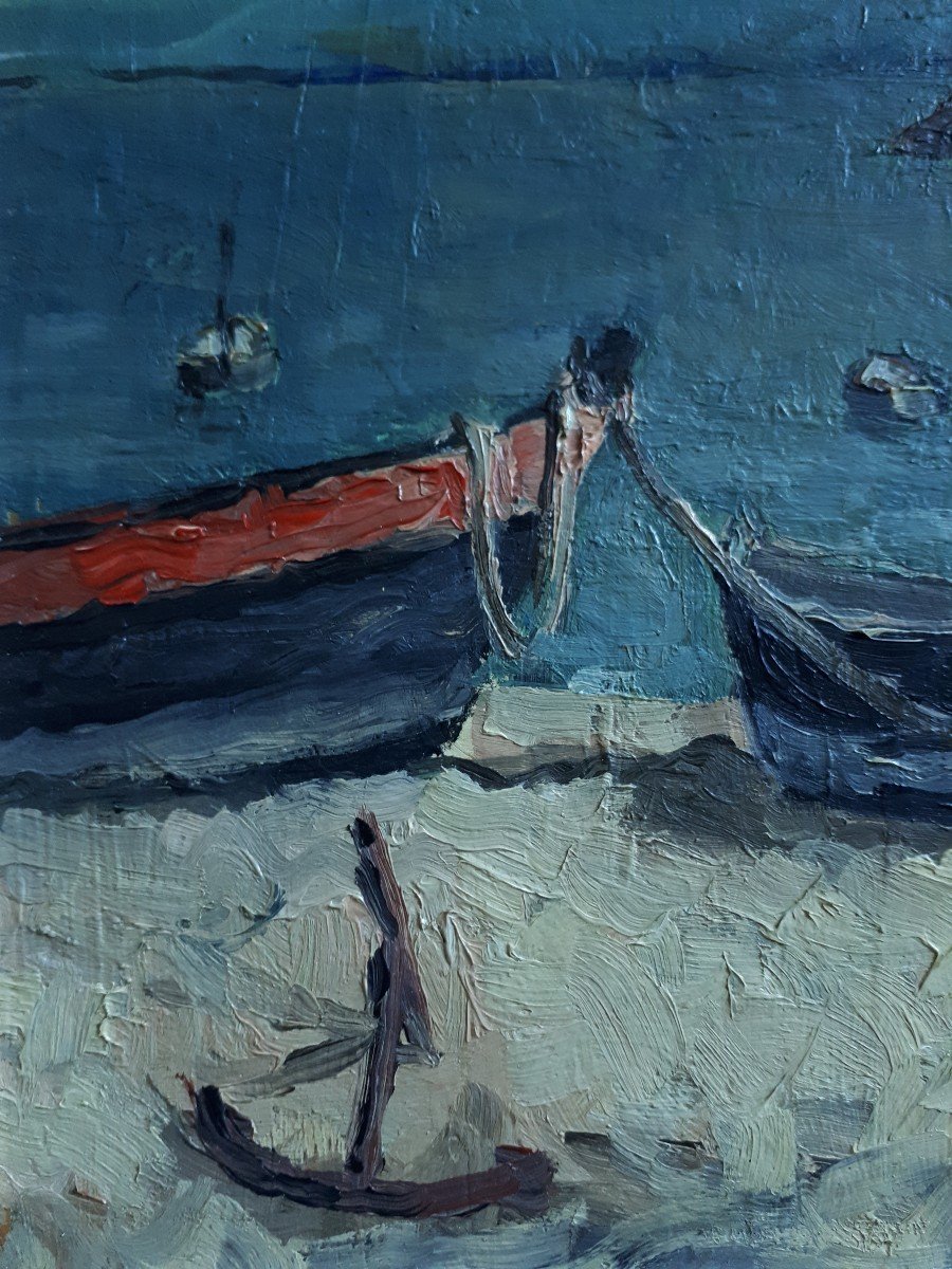 Painting Oil On Panel Marine Boats At Low Tide-photo-2