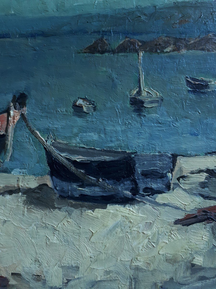 Painting Oil On Panel Marine Boats At Low Tide-photo-3