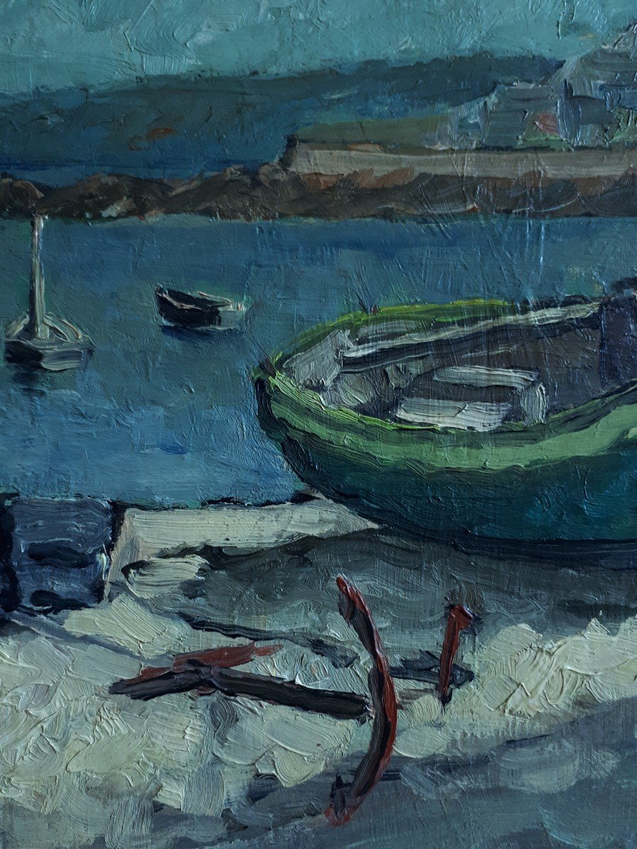 Painting Oil On Panel Marine Boats At Low Tide-photo-4