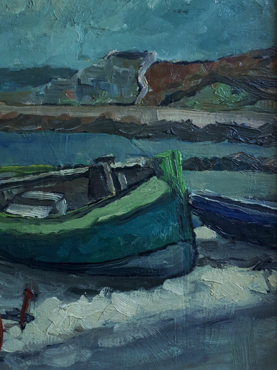 Painting Oil On Panel Marine Boats At Low Tide-photo-5