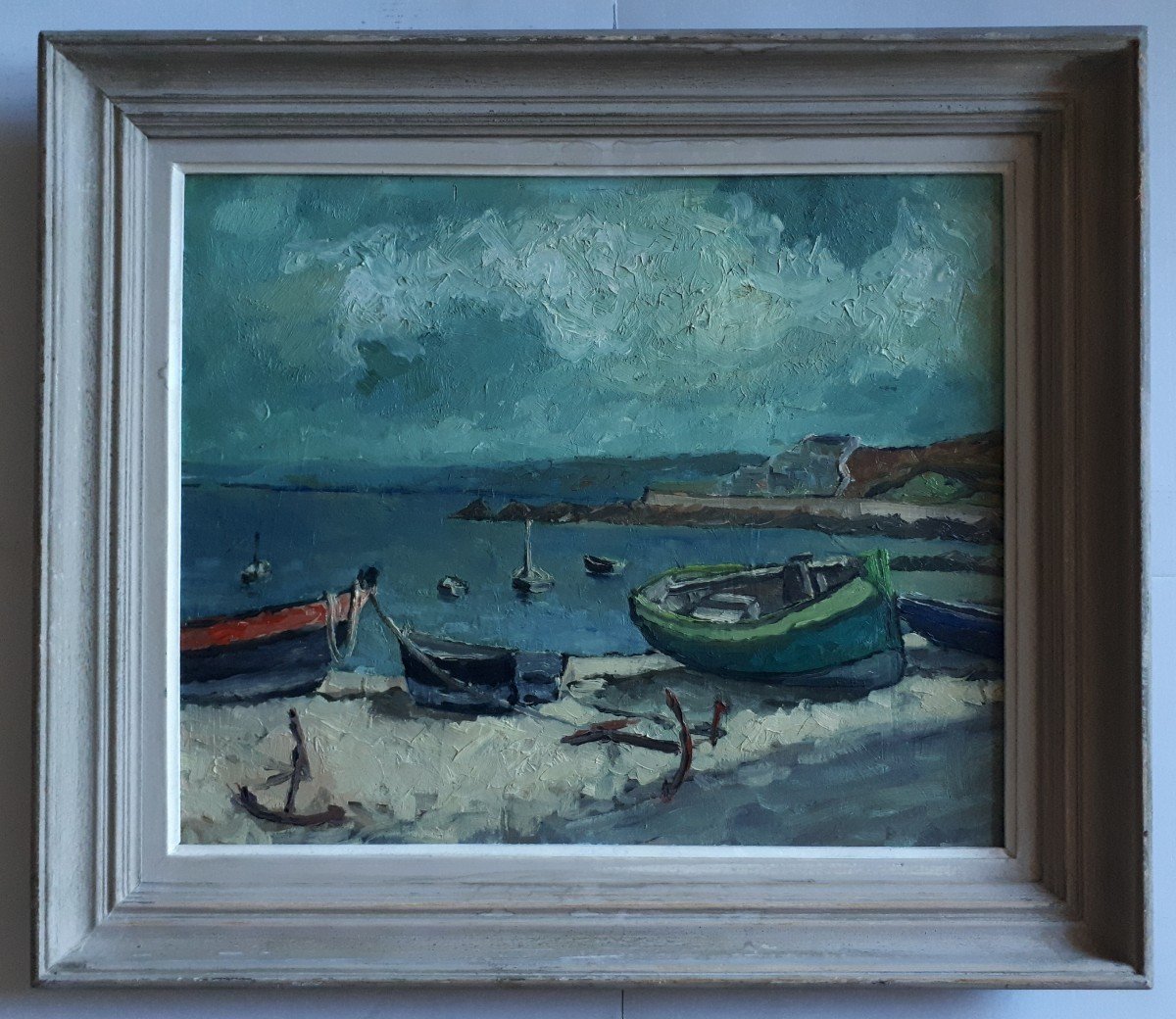 Painting Oil On Panel Marine Boats At Low Tide