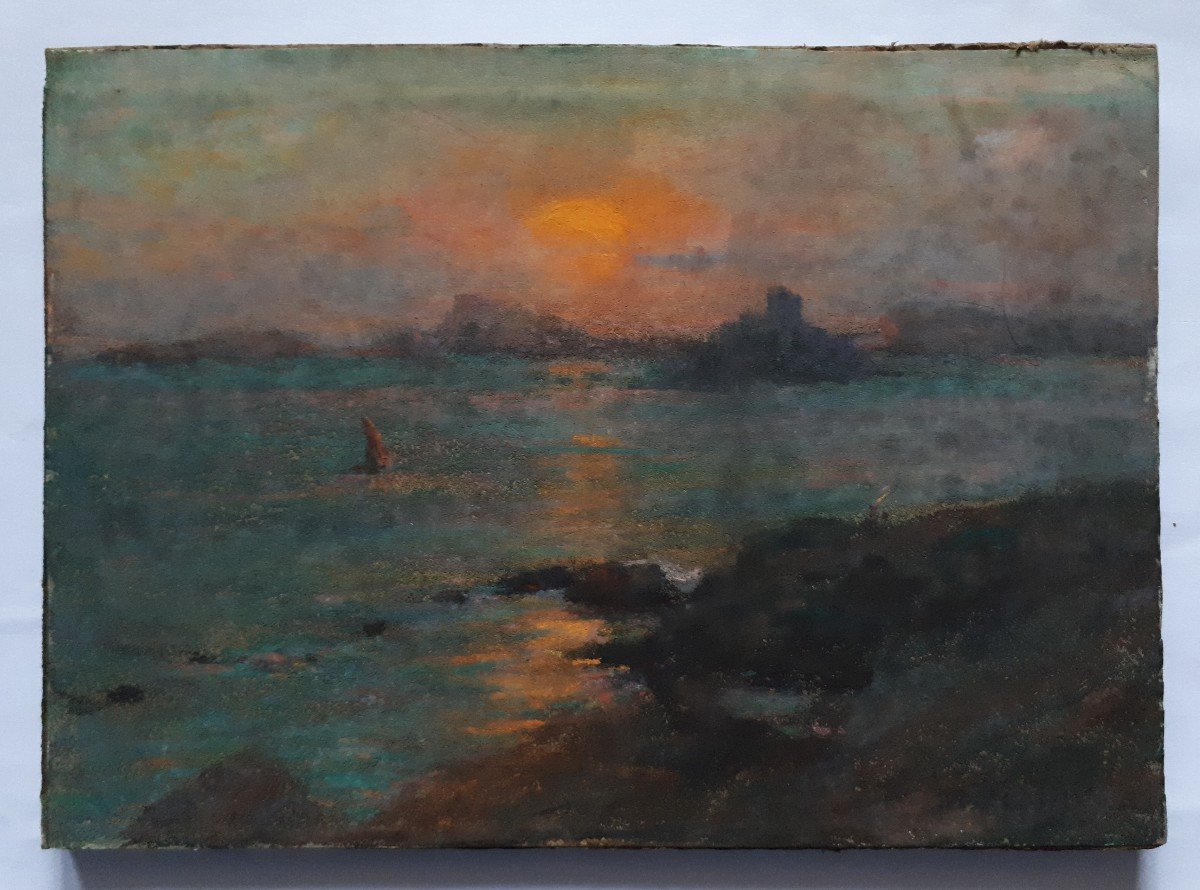 Michel Fronti (1862-1936) pastel Marseille château d'If et archipel du Frioul au crépuscule-photo-2