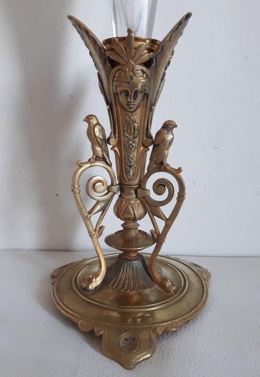 Crystal And Gilded Bronze Cornet Vase, Late 19th Century-photo-2