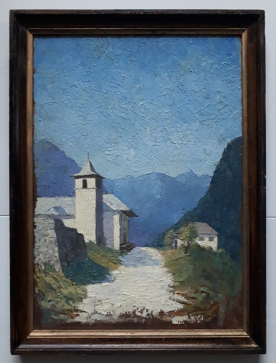 Joseph CORNET huile sur panneau paysage de montagne chapelle Ecole lyonnaise-photo-2