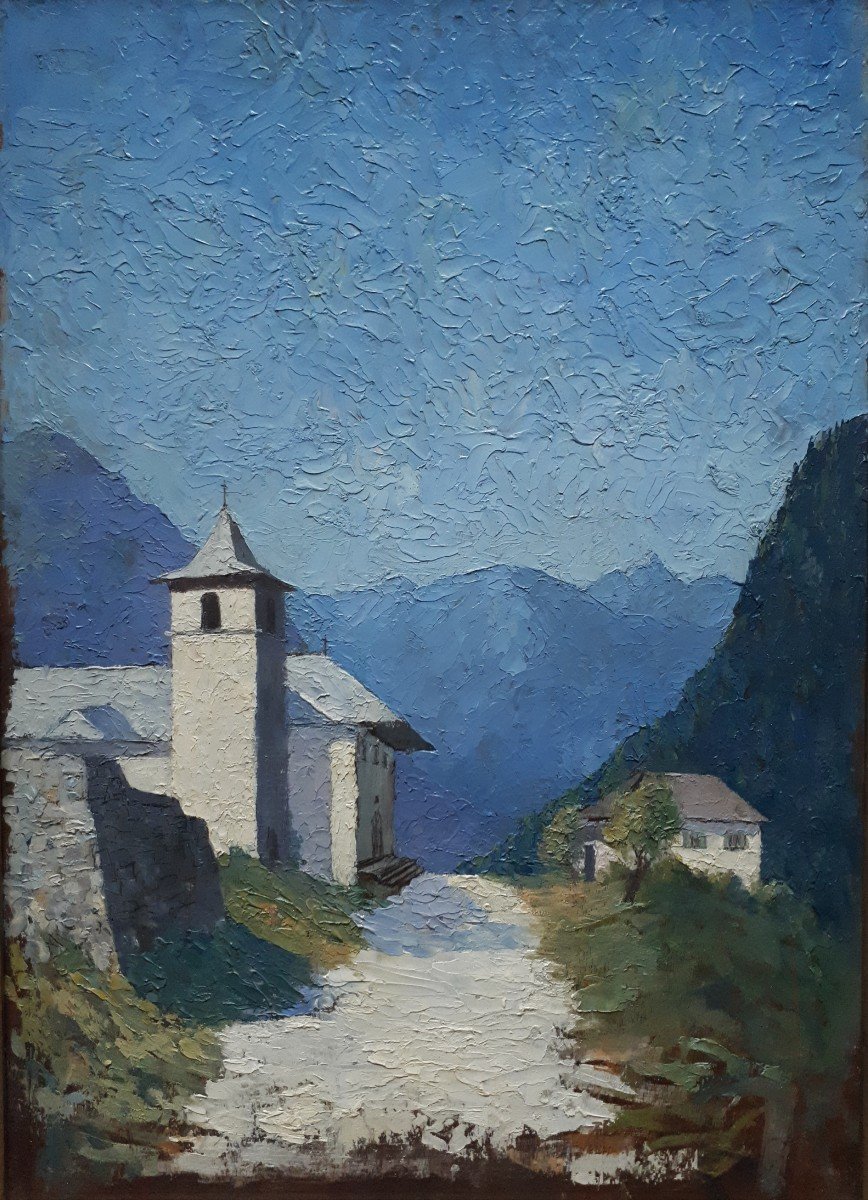 Joseph CORNET huile sur panneau paysage de montagne chapelle Ecole lyonnaise