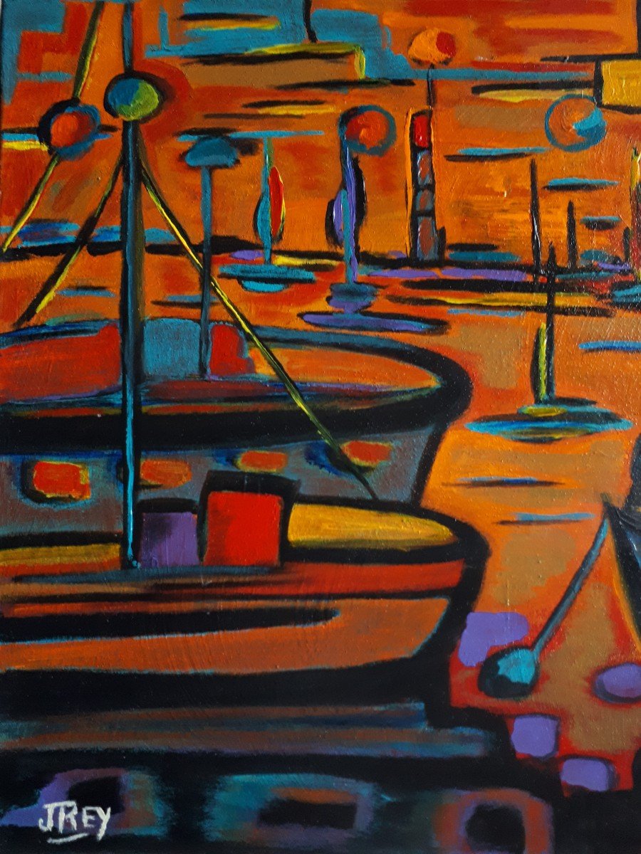 Jacqueline Rey (born In 1963, Sète School - Horizon Marin - Oil On Canvas, Sea, Port, Boats-photo-2